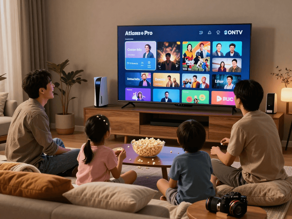 Profitez de l'application atlas pro ontv dans un salon chaleureux avec une famille regardant des films.