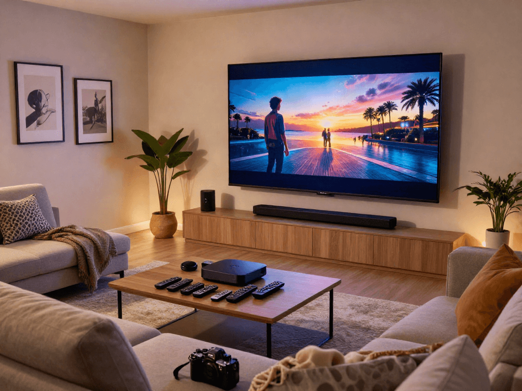 Installation de cinéma maison moderne avec Iron tv pro sur écran plat, salon confortable et ambiance chaleureuse.