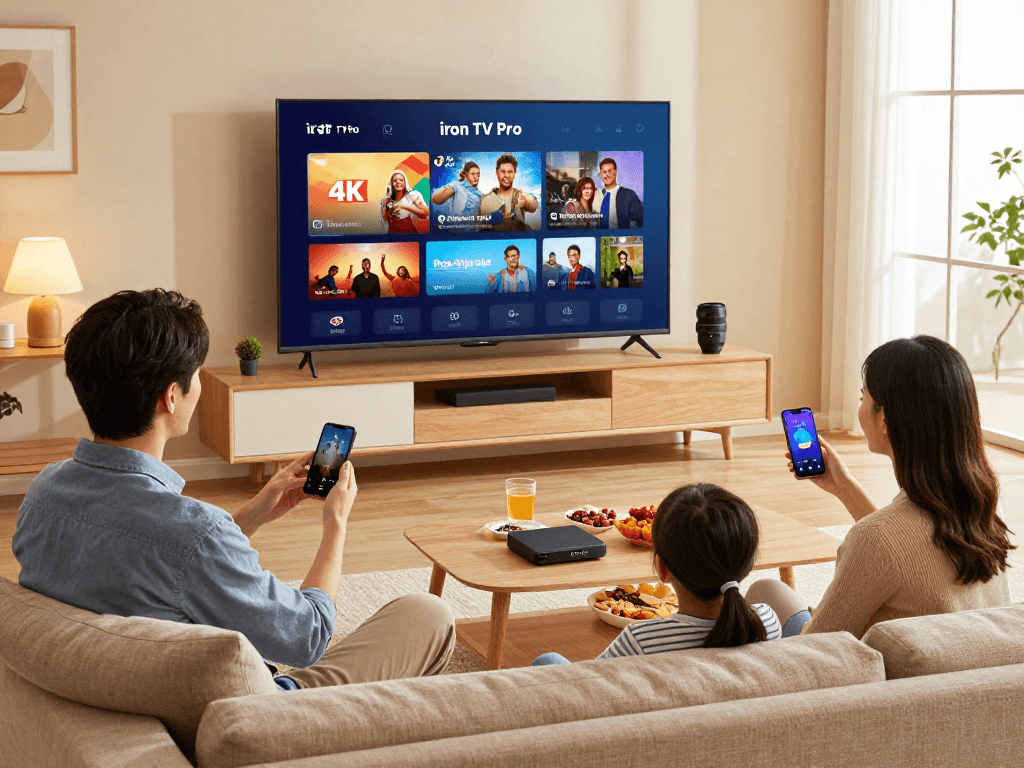 Profitez d'une soirée cinéma en famille avec Iron TV Pro sur écran 4K dans un salon confortable.