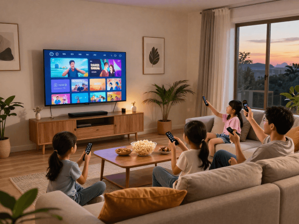 Dynamic family enjoying Iron tv pro in a cozy living room with smart technology and warm ambiance.
