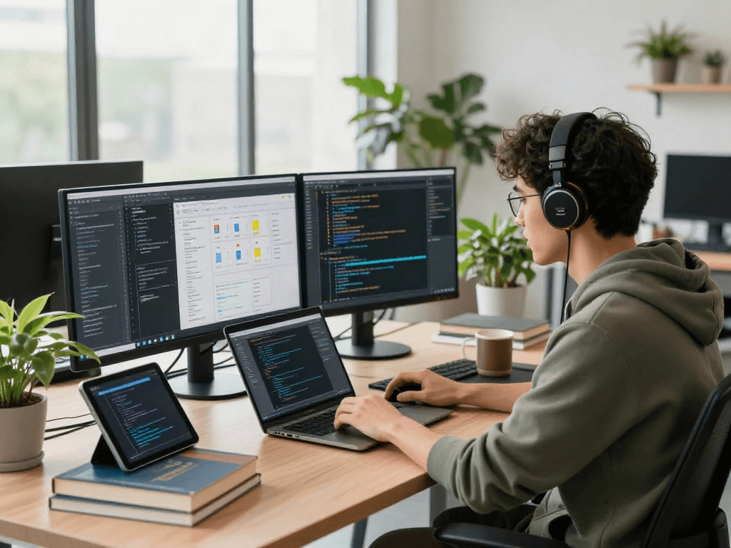 Développeur de logiciels travaillant avec Atlas pro dans un bureau moderne avec écran double et plantes.
