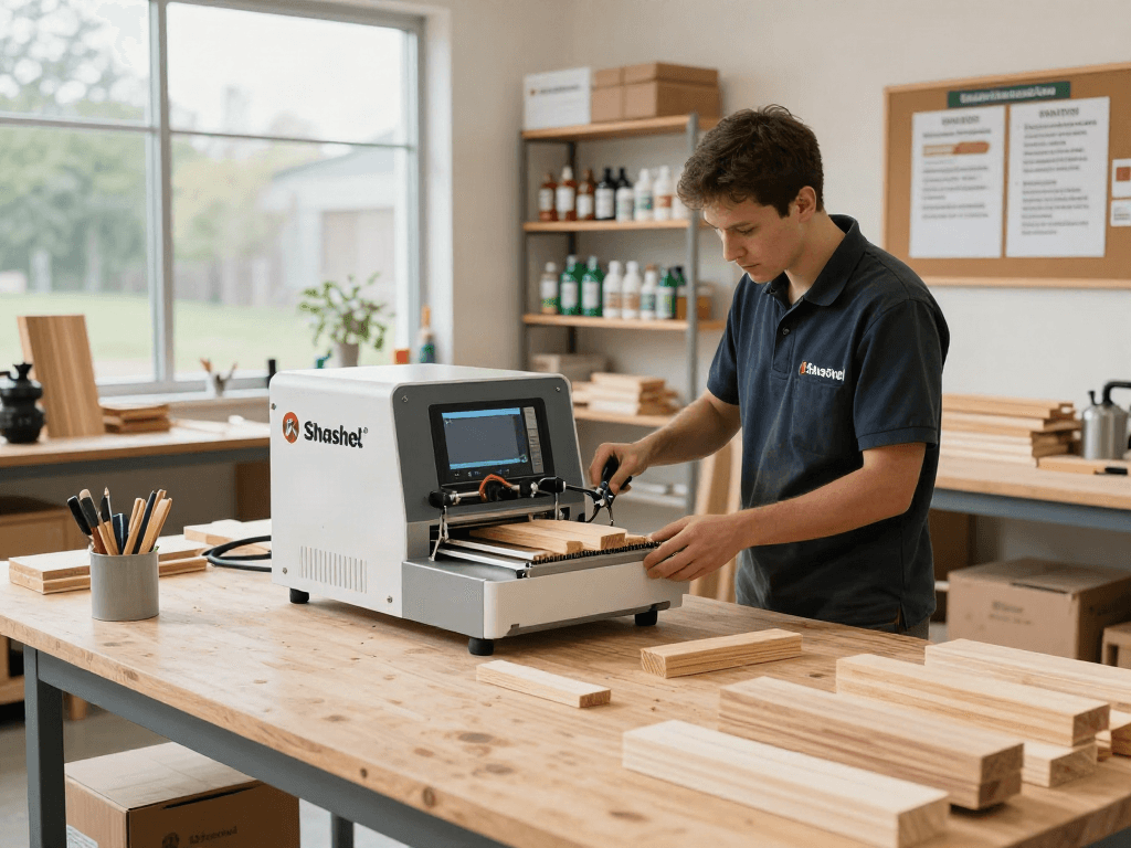 Traitement du bois avec Shashel® dans un atelier écologique, technicien au travail.