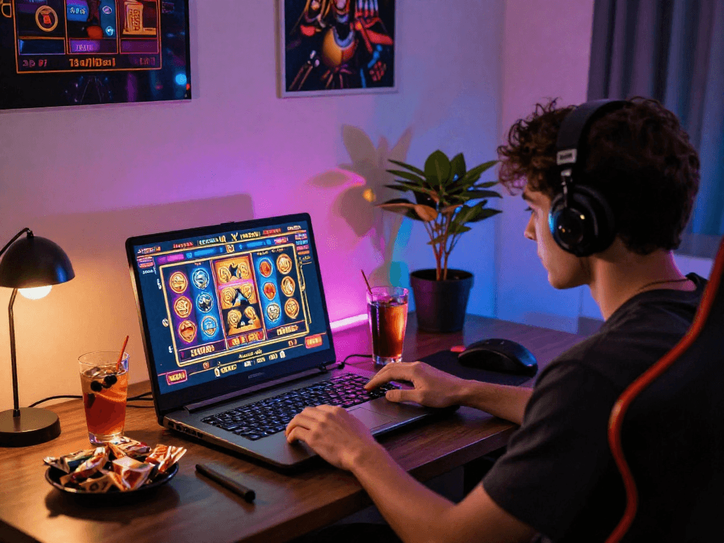 Un joueur de casino en ligne France s'amusant avec des jeux de machines à sous et des tables en direct, ambiance stylée et lumineuse.