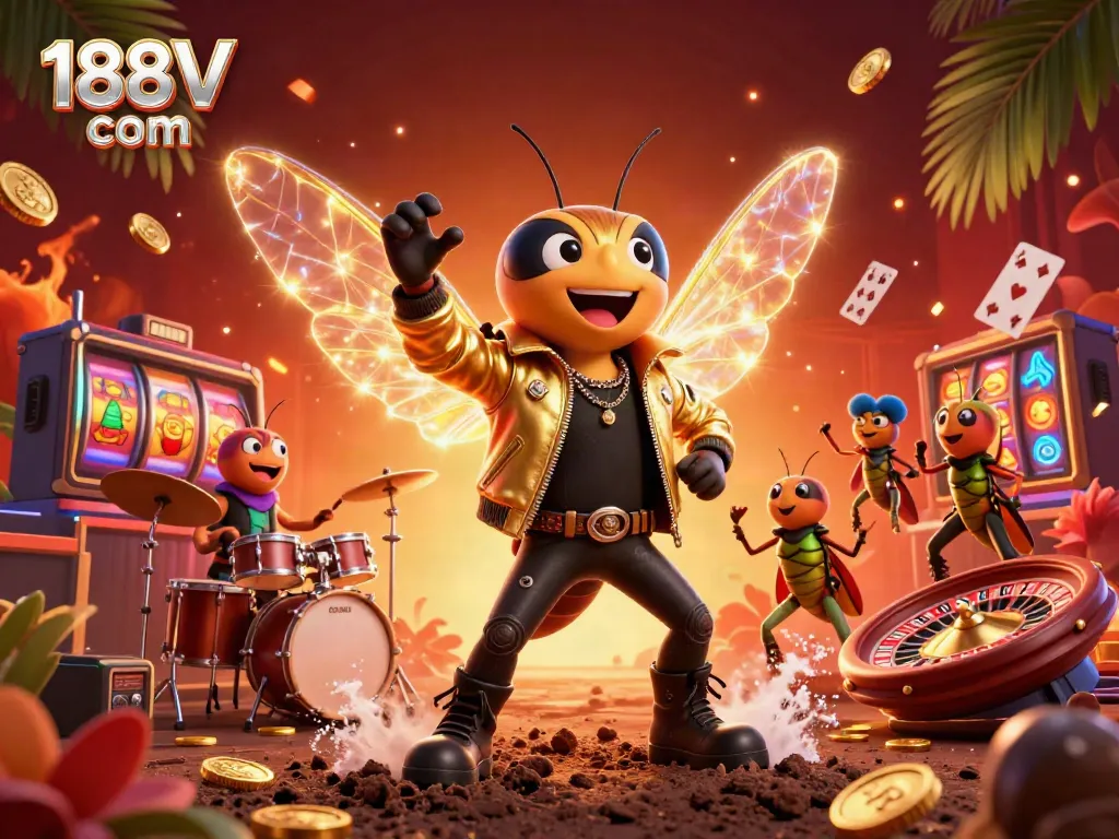 Experience the thrill of 188V com with a dynamic casino scene featuring a rock star cicada and vibrant gaming elements.
