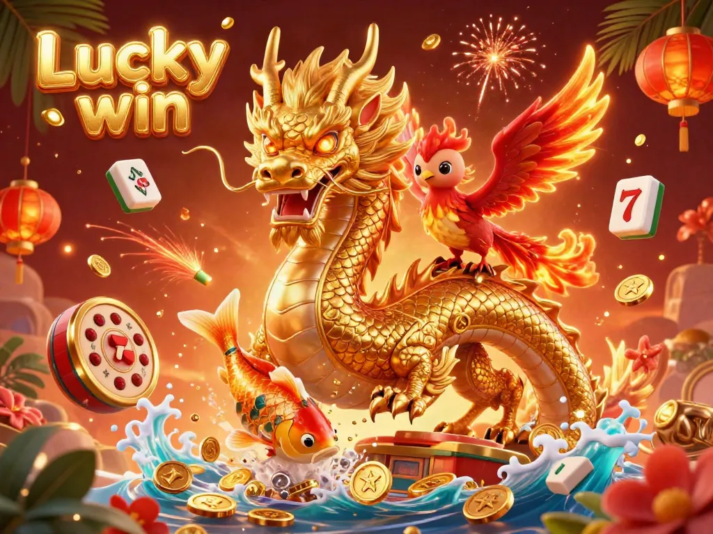 Experience the thrill of Lucky win with a vibrant casino scene featuring a golden dragon, phoenix, and koi fish amidst slot reels and fireworks.