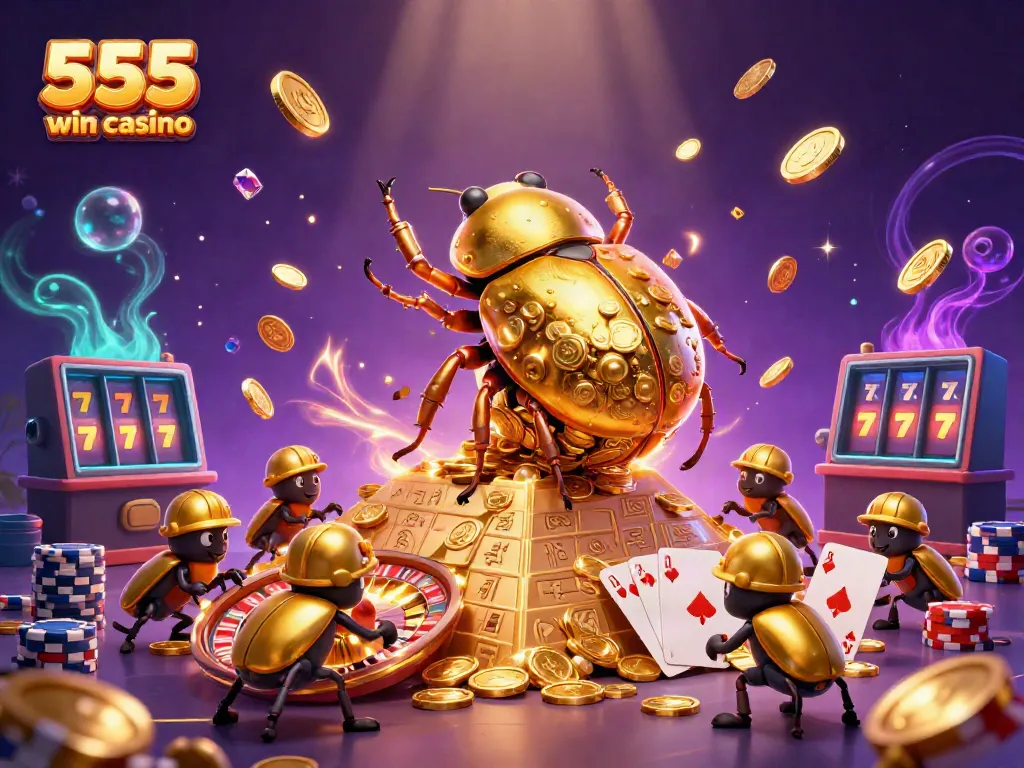 Experience the excitement of 555 win casino with 3D beetles rolling golden coins in a vibrant casino scene.