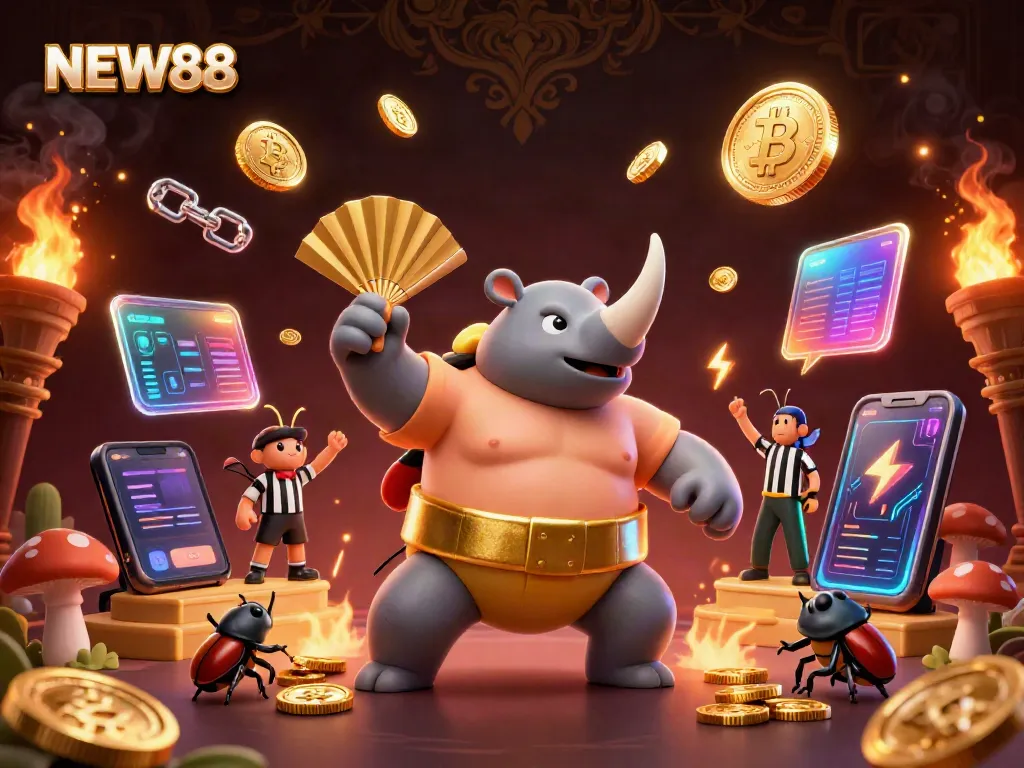 Experience thrilling fun at NEW88 with a vibrant 3D illustration featuring engaging gambling elements and characters.