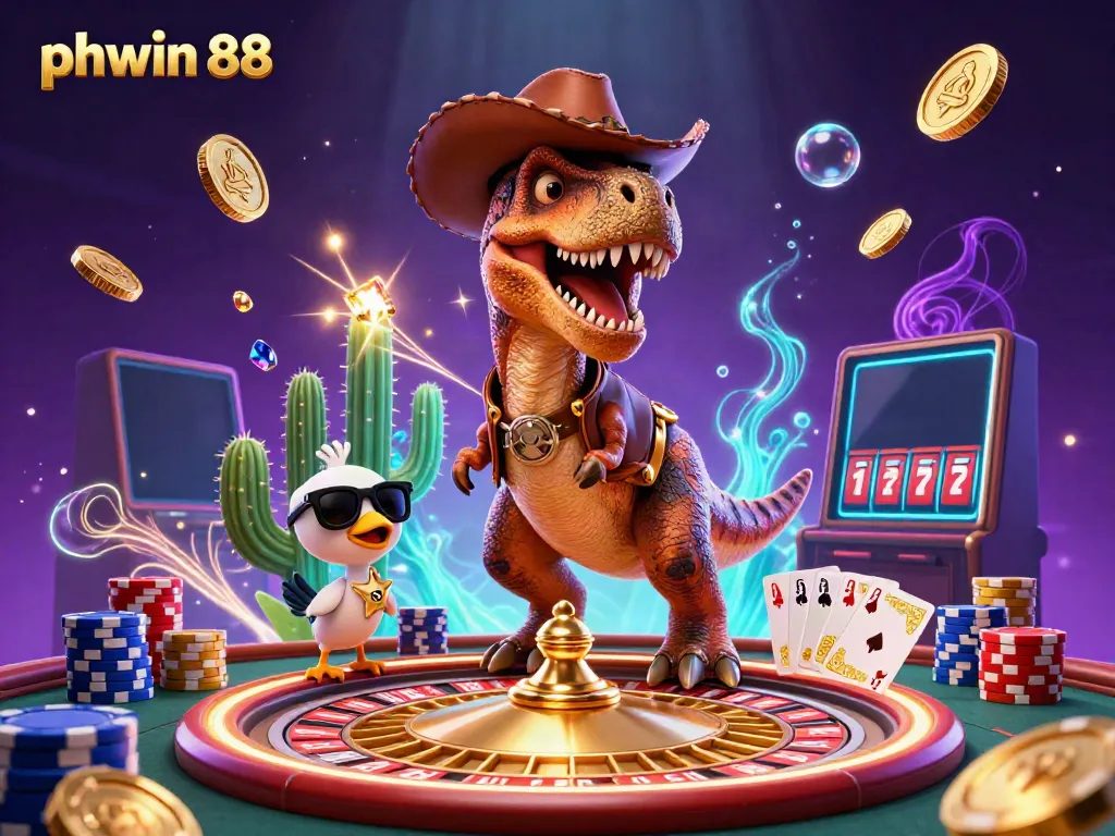 Experience the thrill of phwin 88 with a colorful cartoon scene showcasing dynamic gambling action.