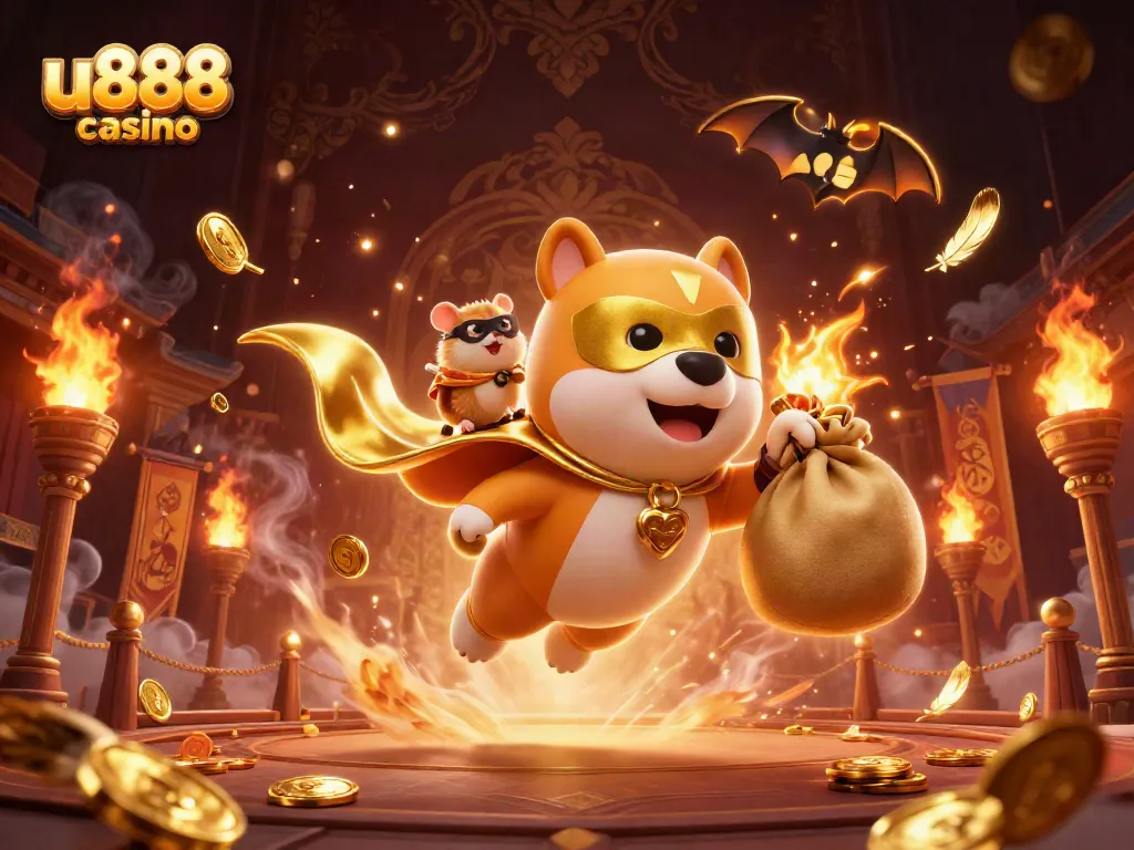 Experience thrilling gaming at u888 casino with adventures led by a superhero dog and a sidekick hamster amidst vibrant scenes.