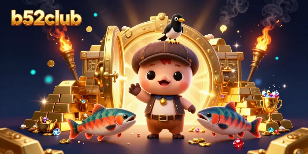 Engage with b52club's colorful underwater gaming scene featuring playful Nessie and treasures.