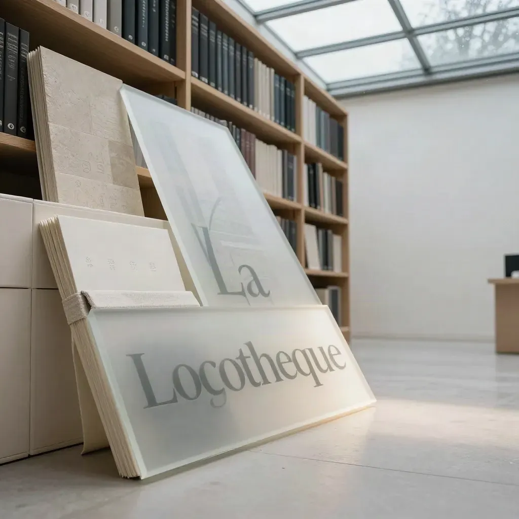 Archives de logos avec plaque en plexi dépoli, boîtes crème et nuanciers sous verrière.