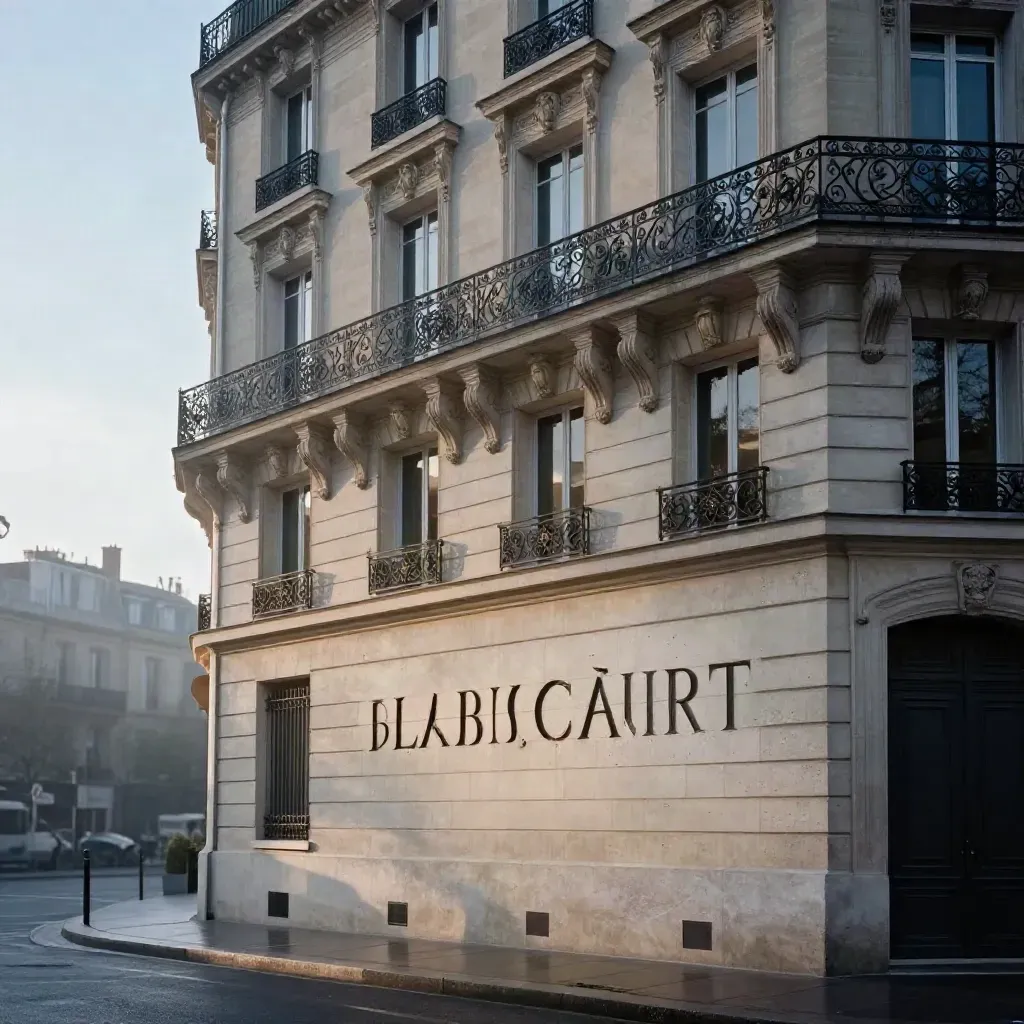 Façade haussmannienne crème avec balcons en fer forgé, vue en contre-plongée au bleu du soir.