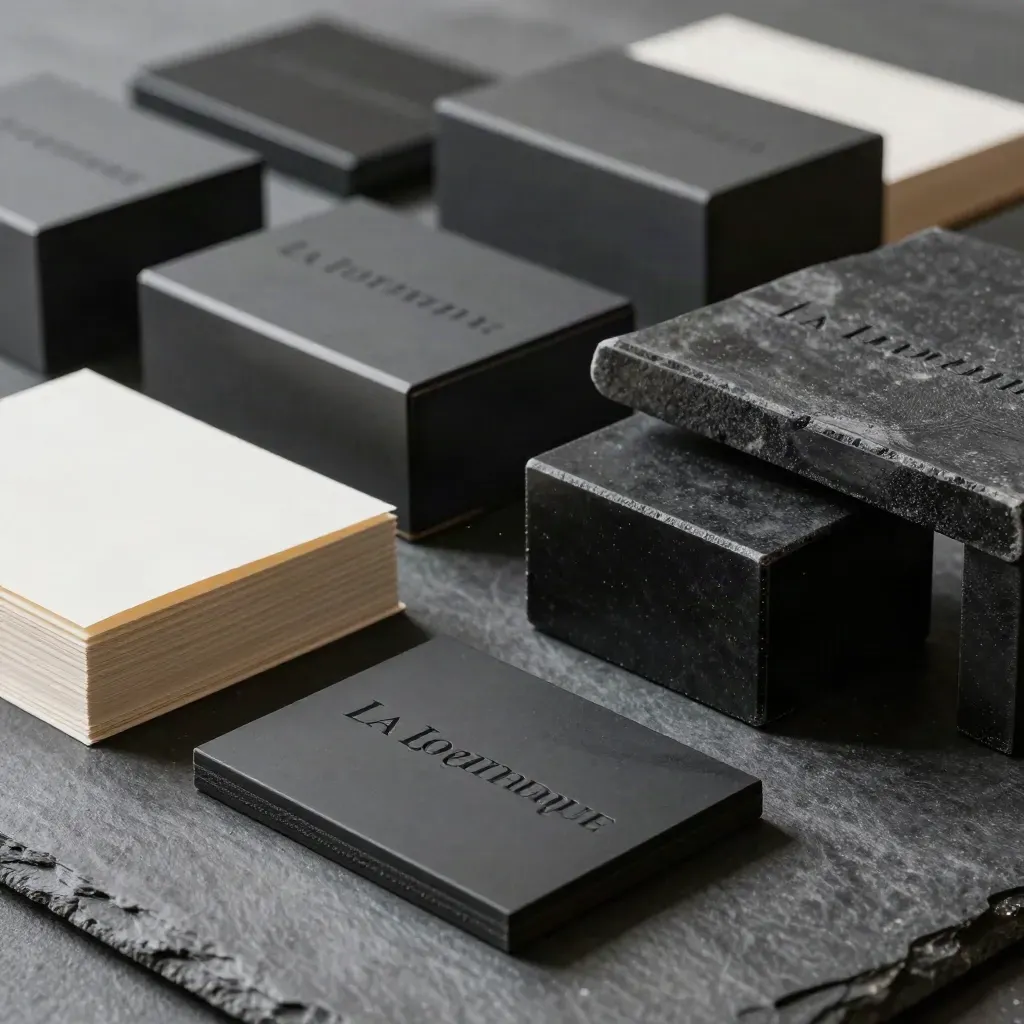 Plaques de logotypes sombres, cartons graphite et épreuves crème sur socle en pierre noire.