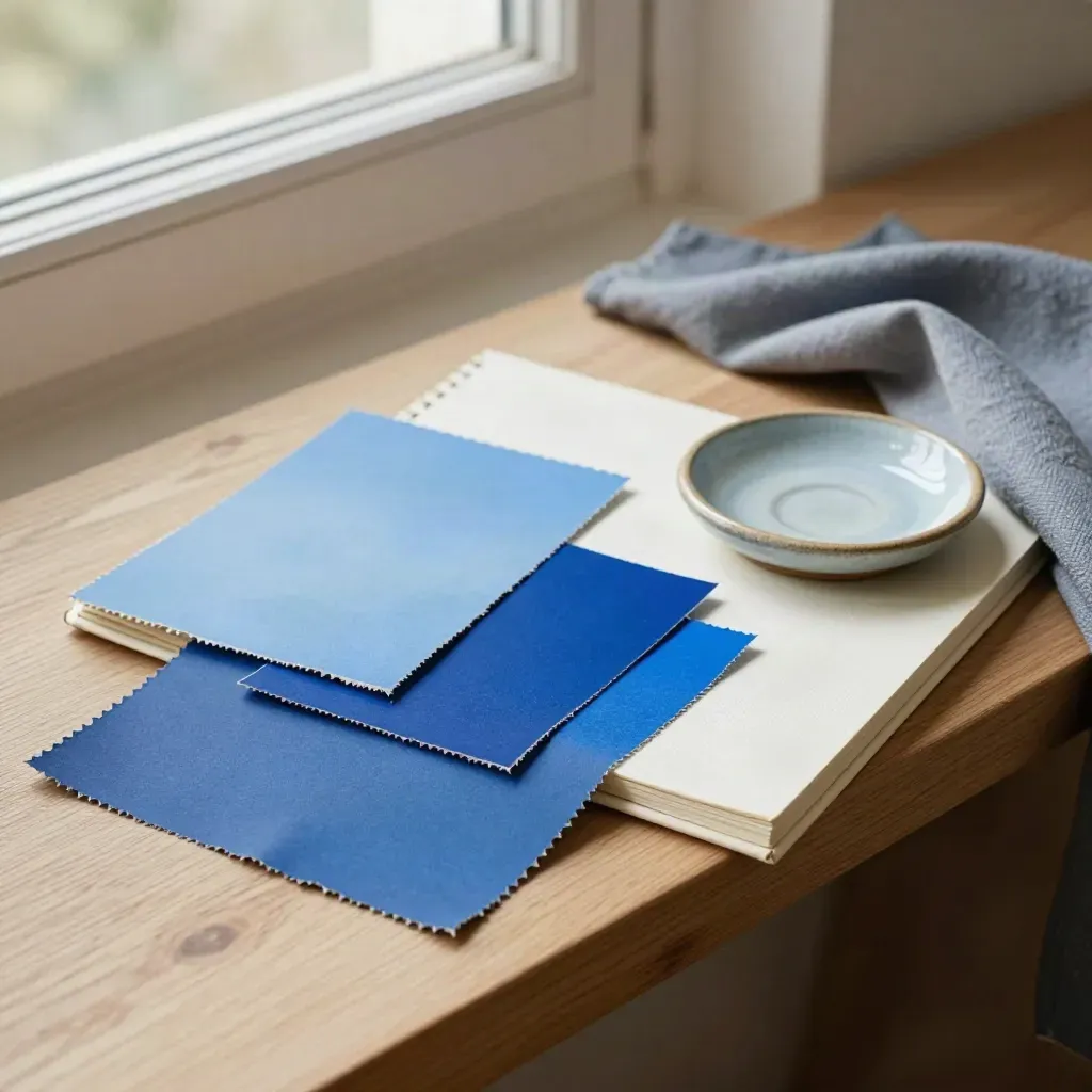 Échantillons bleus, carnet crème et tissu gris sur une table baignée de lumière.