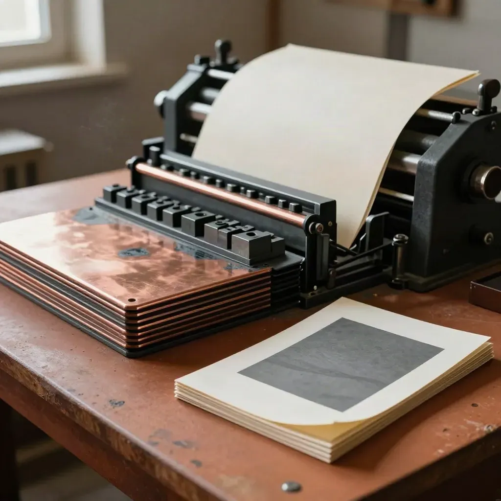 Plaques d’impression, blocs typographiques et feuilles crème dans un atelier chaud et silencieux.