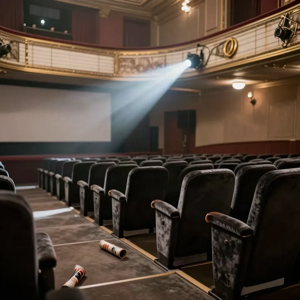 Salle de cinéma française ancienne, faisceau de projection et velours sombre avec affiches roulées.