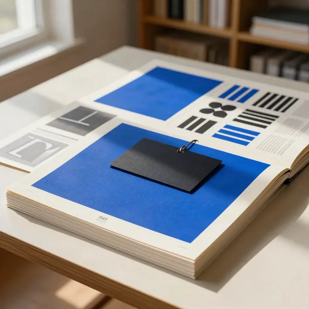 Épreuves de marques au bleu électrique sur table de lecture crème, lumière du matin.