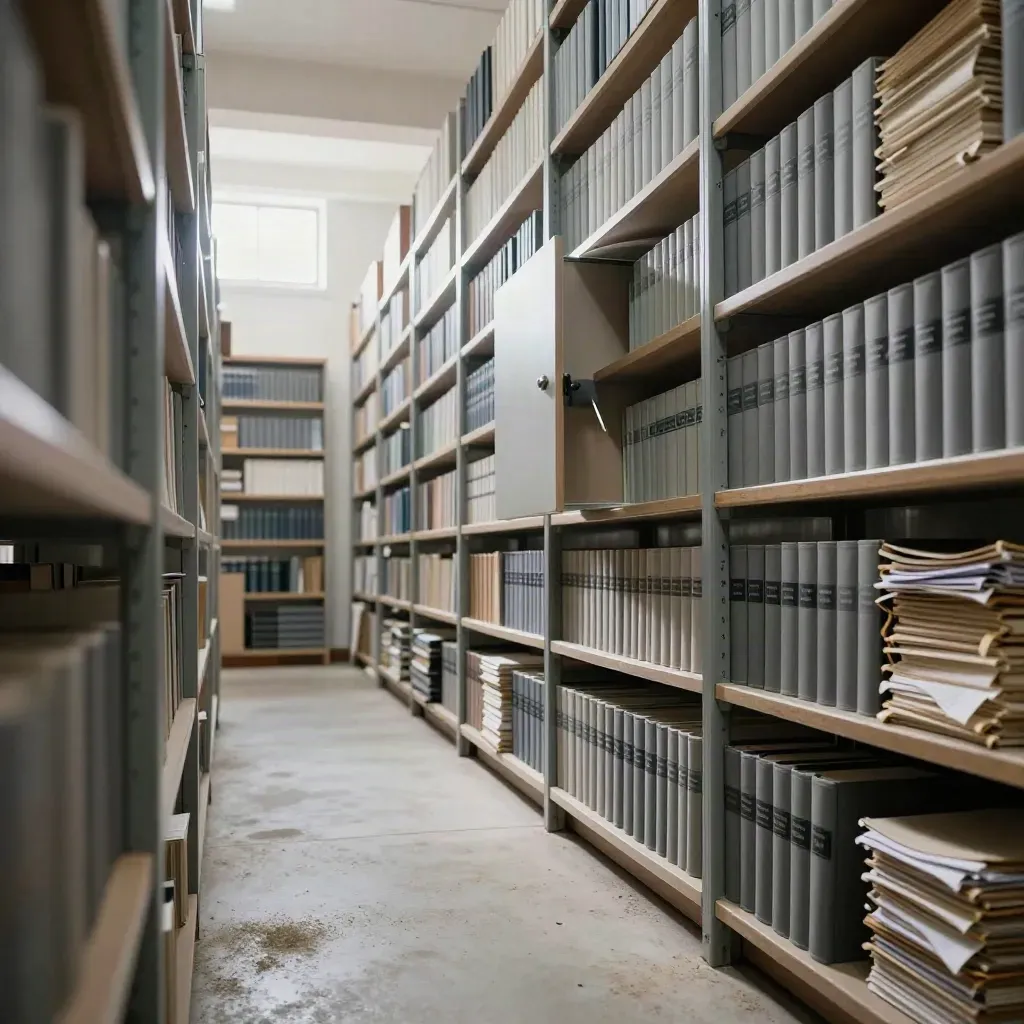 Allée d’archives lyonnaise, boîtes d’édition et reliures éclairées par une porte entrouverte.