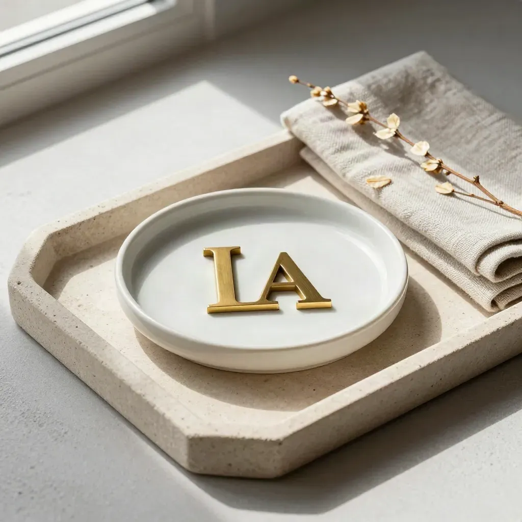 Médaillon en laiton, coupelle en céramique, lin plié et fine branche sur tray de pierre.