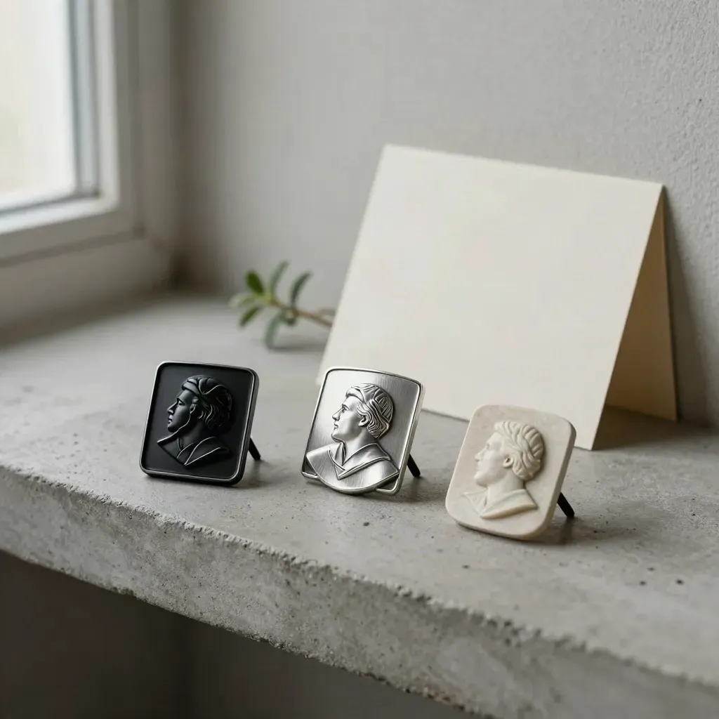 Trois insignes d’archive, une carte pliée et une petite plante sur une surface en béton clair.