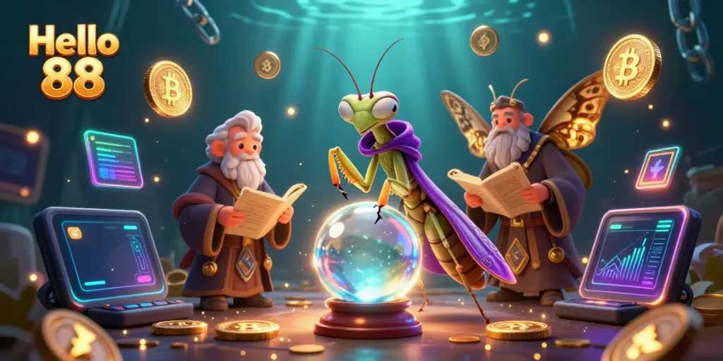 Play and win with Hello 88 at the energetic casino scene featuring mystical characters and cryptocurrency.