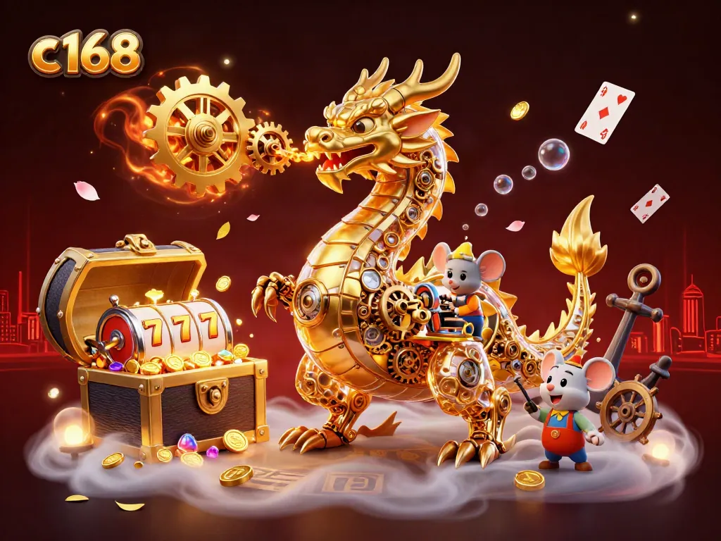 Immerse yourself in the world of C 168 with golden dragon, slot reels, and treasure in an exciting casino scene