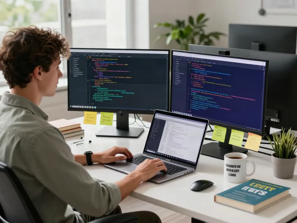 Engaging workspace illustrating uncensored AI chat development with coding screens and tech elements.