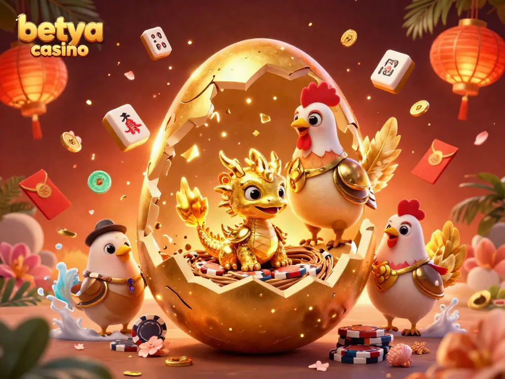 Experience the thrill at Betya Casino with a dazzling golden dragon amid vibrant casino elements.