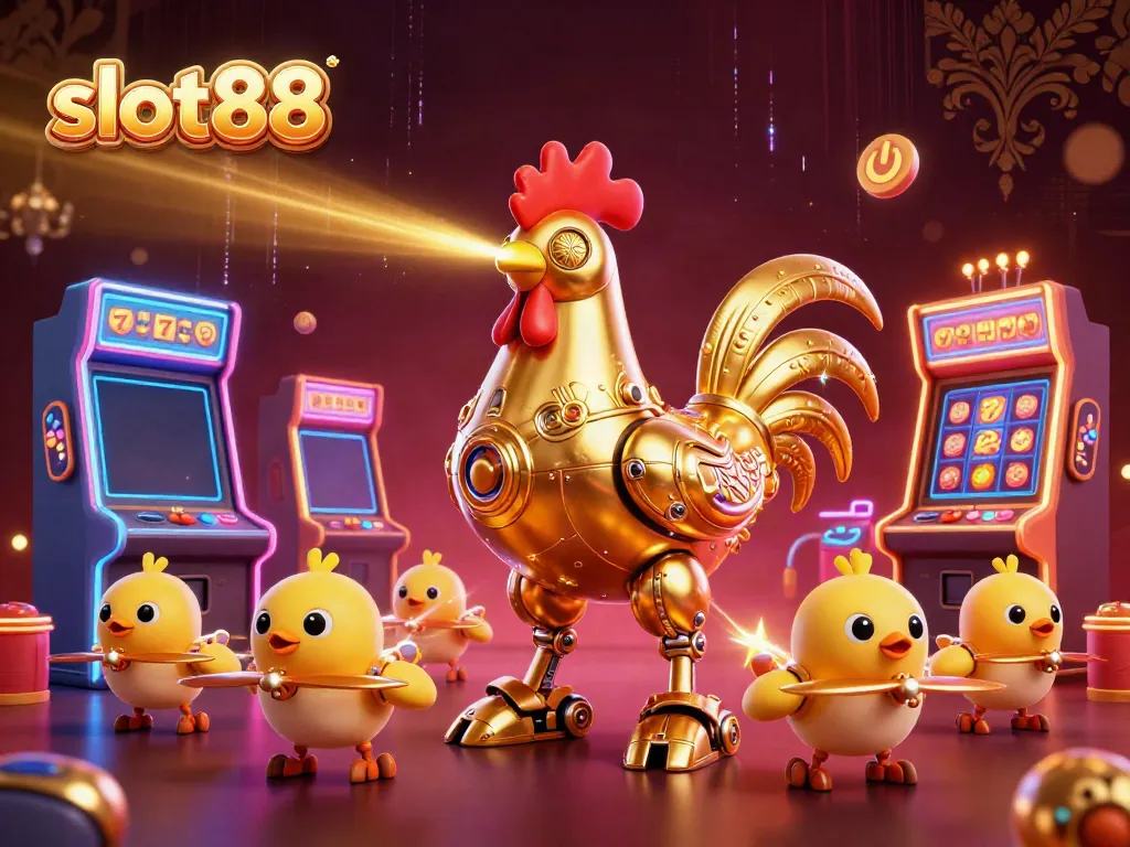 Engage with slot88's vibrant gaming energy featuring a golden rooster robot amidst thrilling arcade slots.