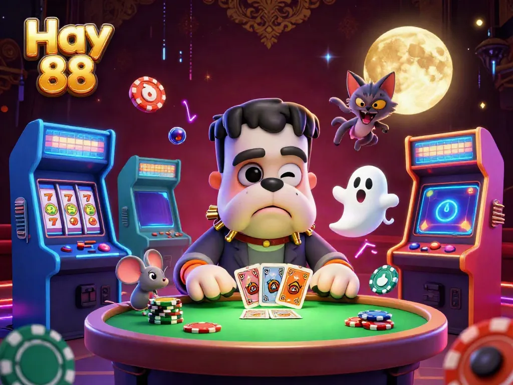 Join the fun at Hay 88 as a Frankenstein bulldog monster deals cards surrounded by vibrant casino games.