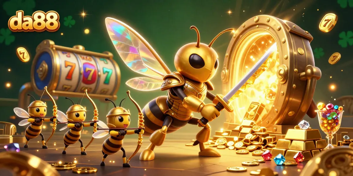 Play slots and win big at da88 with a vibrant illustration of a hornet samurai and treasure.