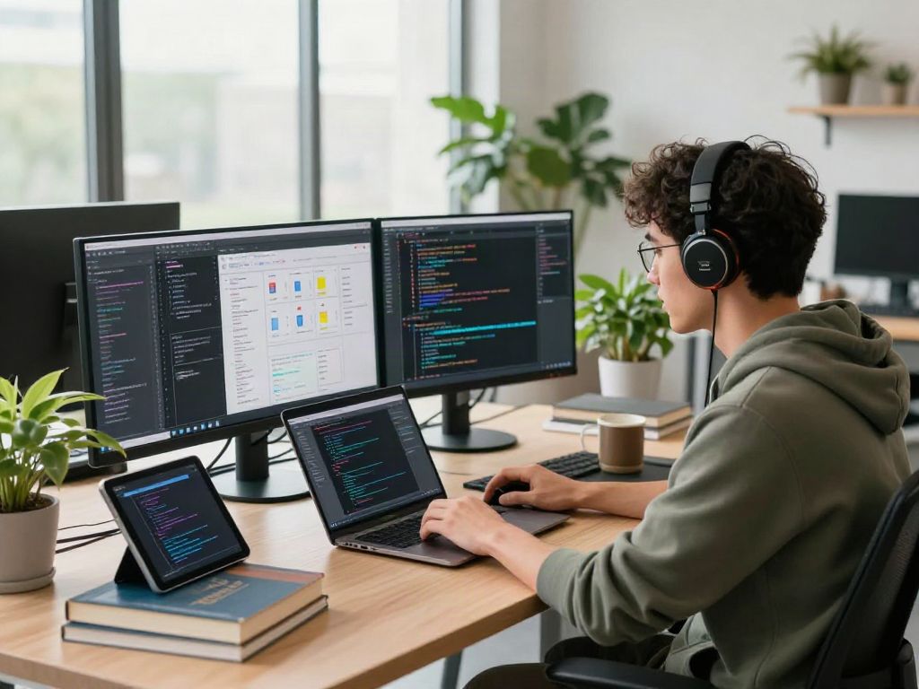 Développeur de logiciels travaillant avec Atlas pro dans un bureau moderne avec écran double et plantes.